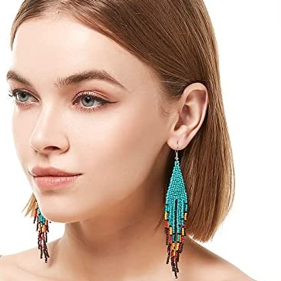 Long 5" Turquoise Red Southwestern Beaded Large Oversized Bohemian Earrings New - Picture 7 of 7